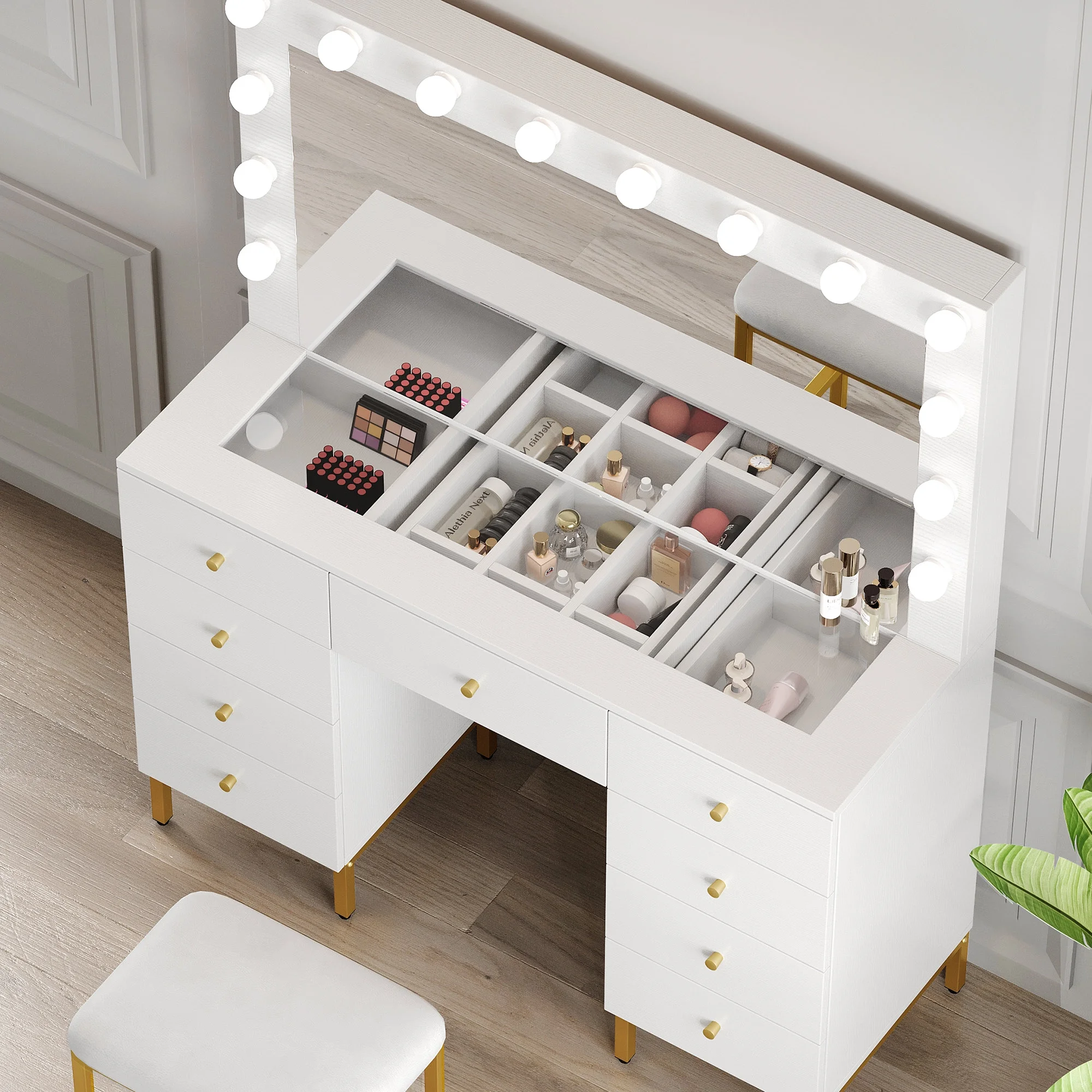 DWVO Vanity Table Set with 3 Color Lighted Mirror & Charging Station & Stool, Modern Makeup Vanity Dressing Table with 9 Drawers for Bedroom, Gold and White Vanity Desk for Women Girls