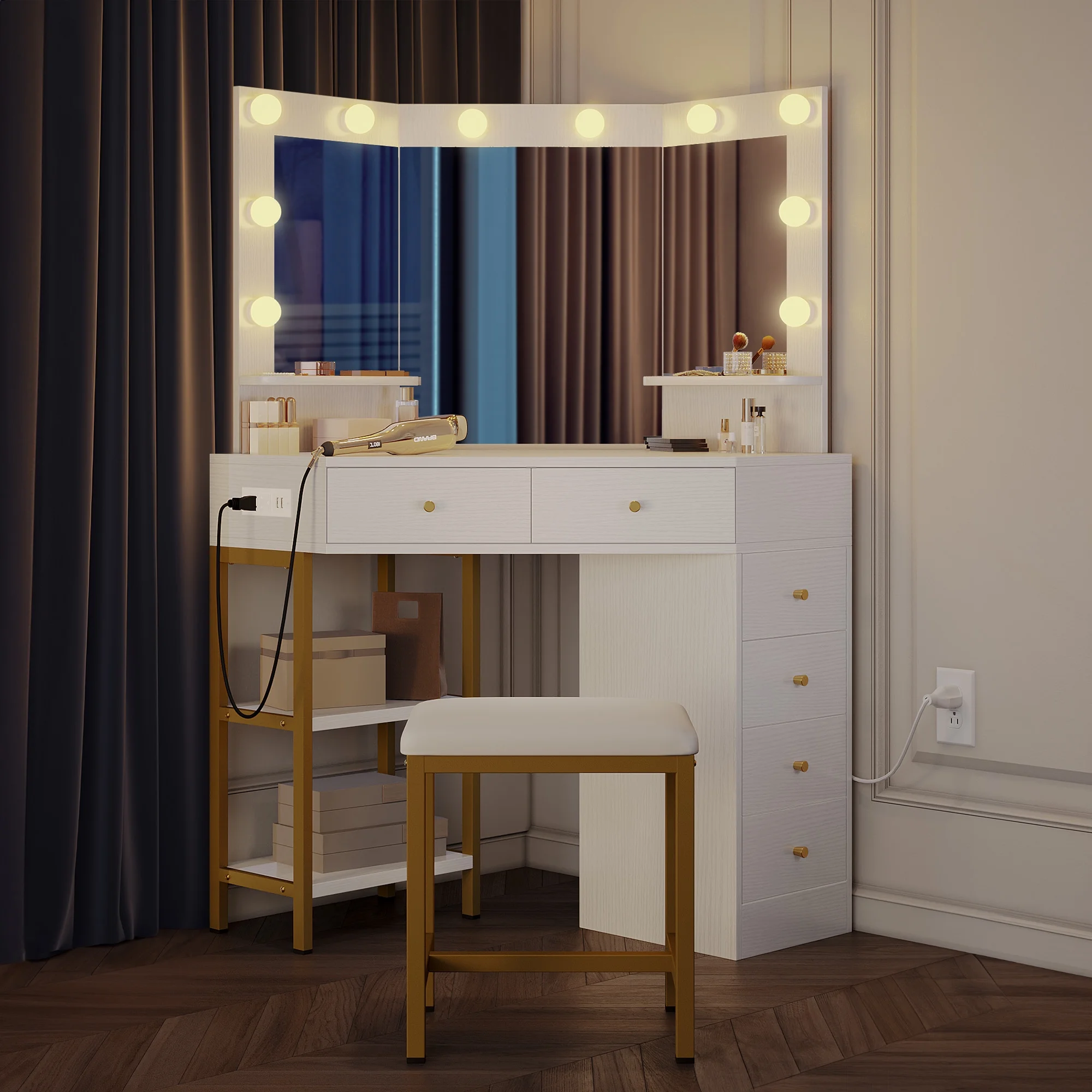 Dextrus Corner Vanity Desk With Lights & Mirror, Makeup Vanity with Shelf & 6 Drawers, Vanity Dressing Table for Makeup,Modern Desk Vanity for Bedroom, White