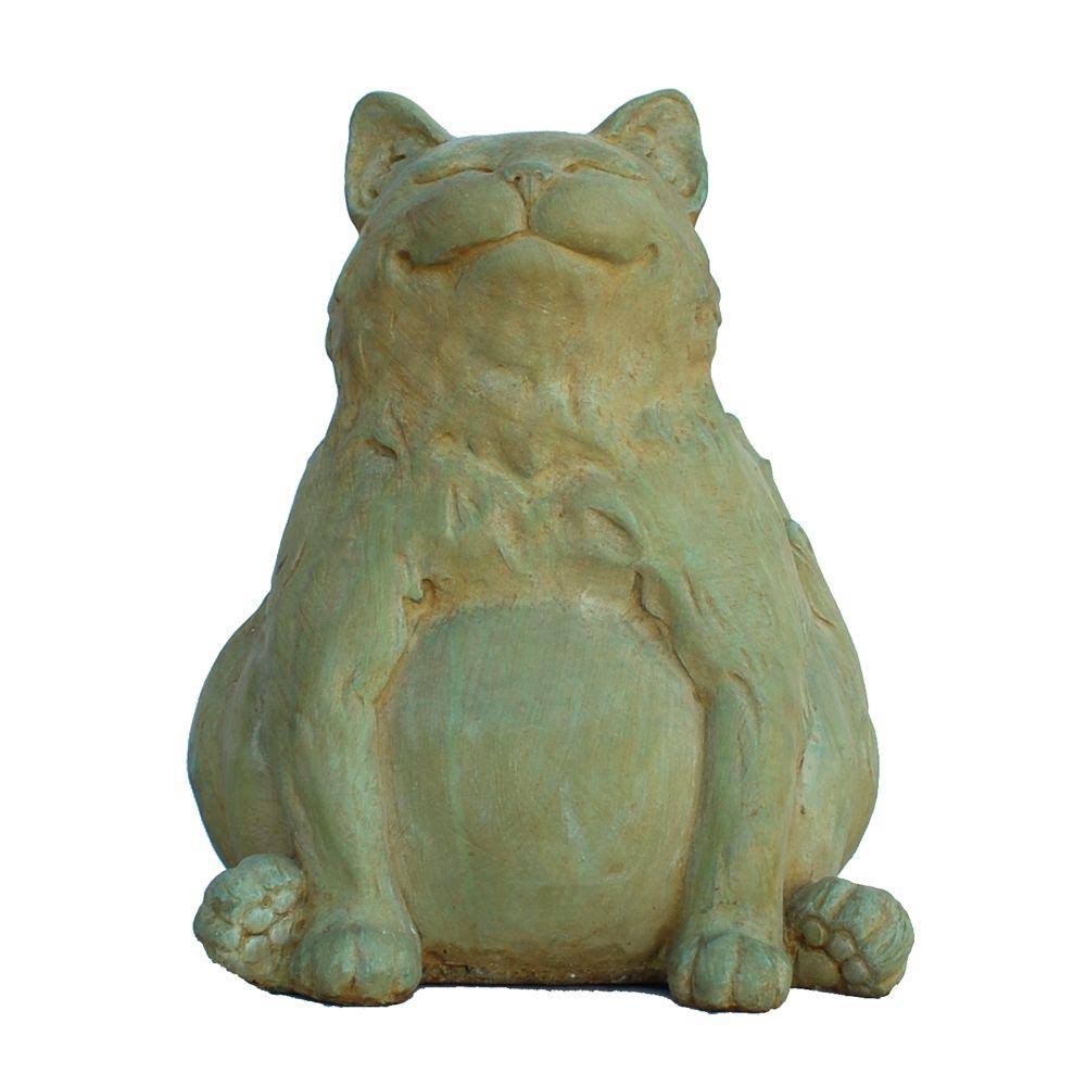 Cast Stone Happy Fat Cat Garden Statue, Weathered Bronze