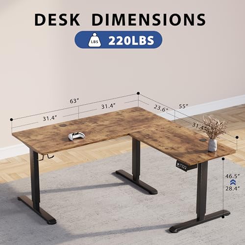 L-Shaped Electric Standing Desk, 63 x 48 Inches Height Adjustable Coner Table, Home Office Computer Workstation, Rustic Brown, 63 x 48 Inch