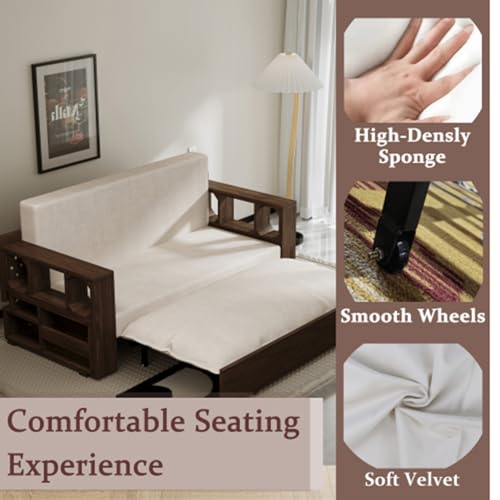 3 in 1 Convertible Sleeper Sofa Bed,Loveseat Couch with Pull Out Bed,Small 2 Seat Futon Sofa Bed Convertible Office Desk,Modular Sofa,Velvet,52.40'',Beige