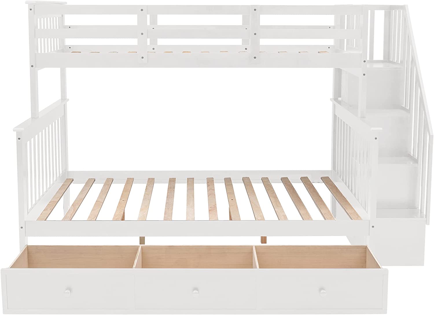 Over Full Bunk Bed With Stairs, Solid Wood Stairway Bunk Bed With Storage Drawers For Kids Teens Adults, Bedroom, Dorm (White)