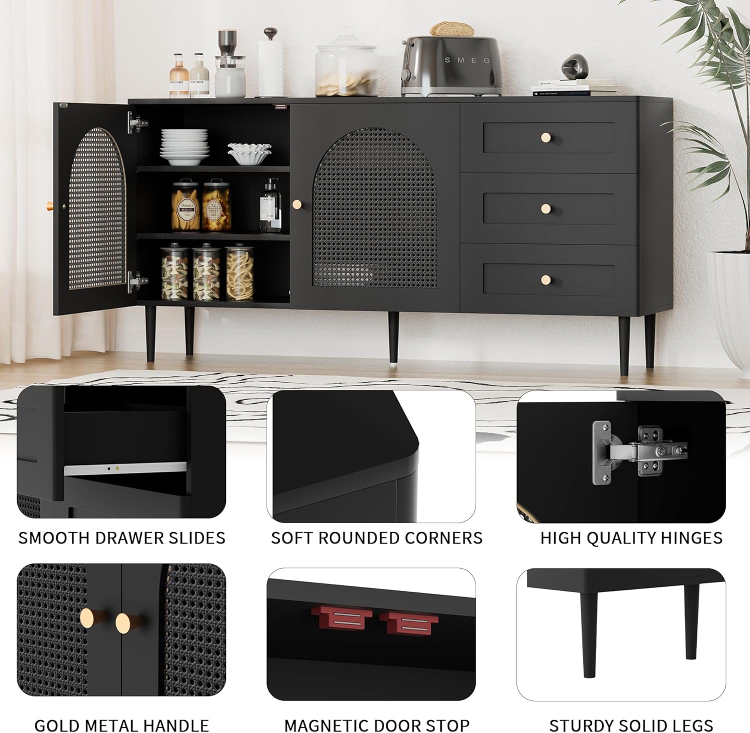 Modern Black Sideboard Buffet Cabinet with Storage & 3 Drawers, Console Table with Storage, Kitchen Cabinet Adjustable Shelves for Dining Room, Living Room, Entryway