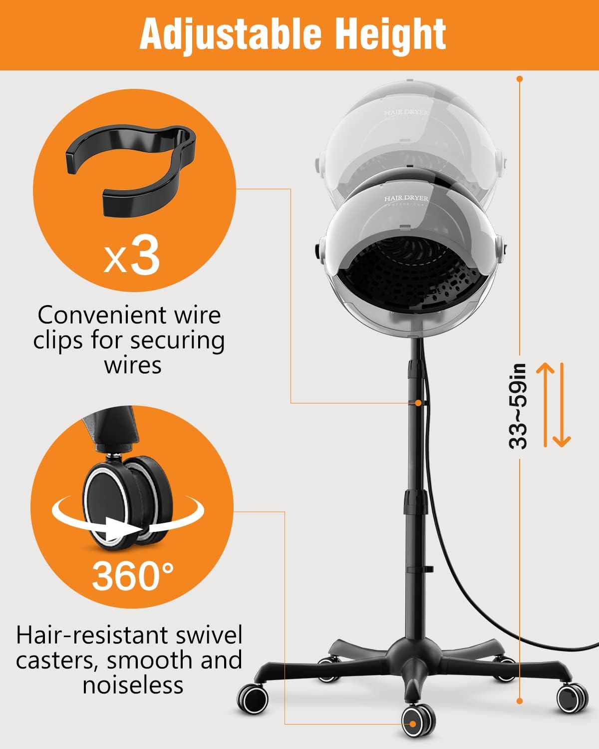 Ionic Hooded Hair Dryer, 1875W Professional Height Adjustable Standing Hair Dryer Bonnet with 3 Temperature Settings, Portable Salon Dryer with Rolling Wheels for Home & Hairstylist