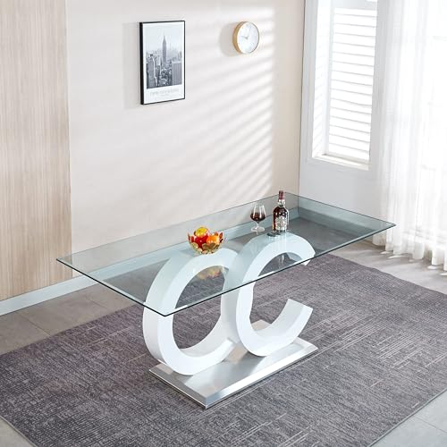 70 inch Glass Dining Table for 8, Modern Clear Tempered Glass Dining Room Table with Golden Stainless Steel Pedestal, Large Rectangular Glass Kitchen Table for Dining Room Dinner Office