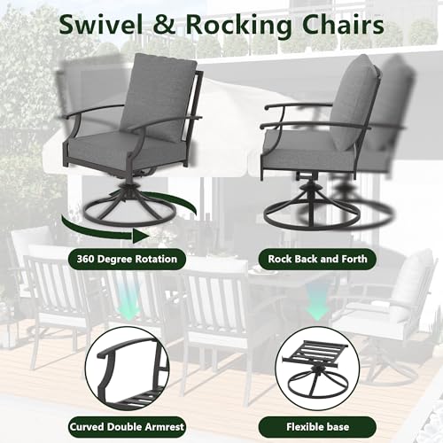 Patio Dining Set 7 Pieces for 6,Outdoor Metal Furniture Conversation Set w/2 Swivel Chairs and Longboard Metal Dining Table with Umbrella Hole for Backyard,Garden,Poolside,Sand