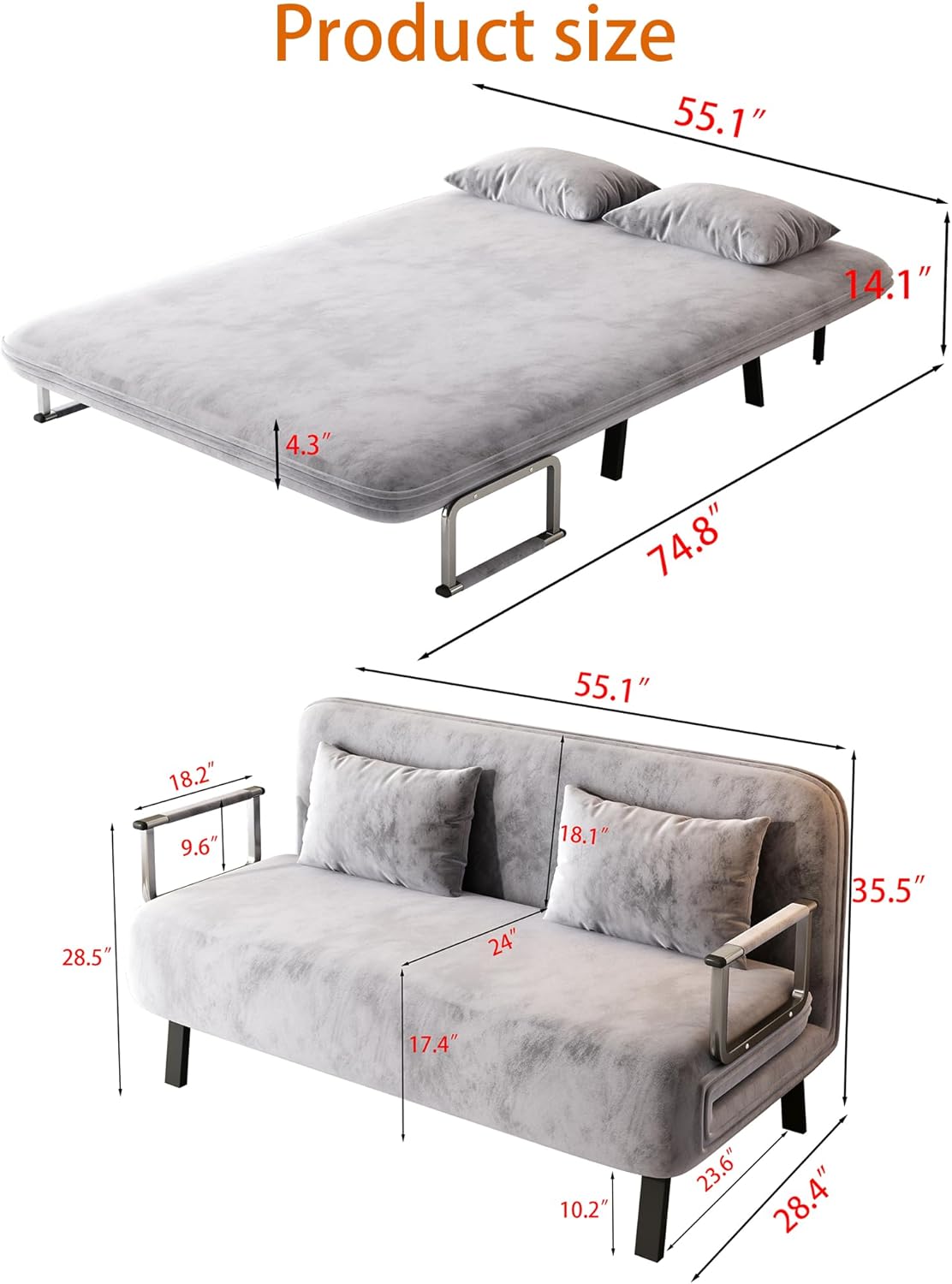 Folding Chair Bed, Comfortable Convertible Sleeper Sofa, 3-in-1 Foldable Bed with Adjustable Backrest and Pillow, Floor Loveseat, Cozy Sleeper Chair for Small Spaces, Office