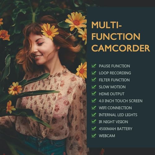 6K Camcorder Video Camera 64MP IR Night Vision Vlogging Camera for YouTube 18X Digital Zoom 4.0 Inch Touch Screen Video Camera with WiFi, Microphone, Remote Control, 64GB SD Card,Stabilizer