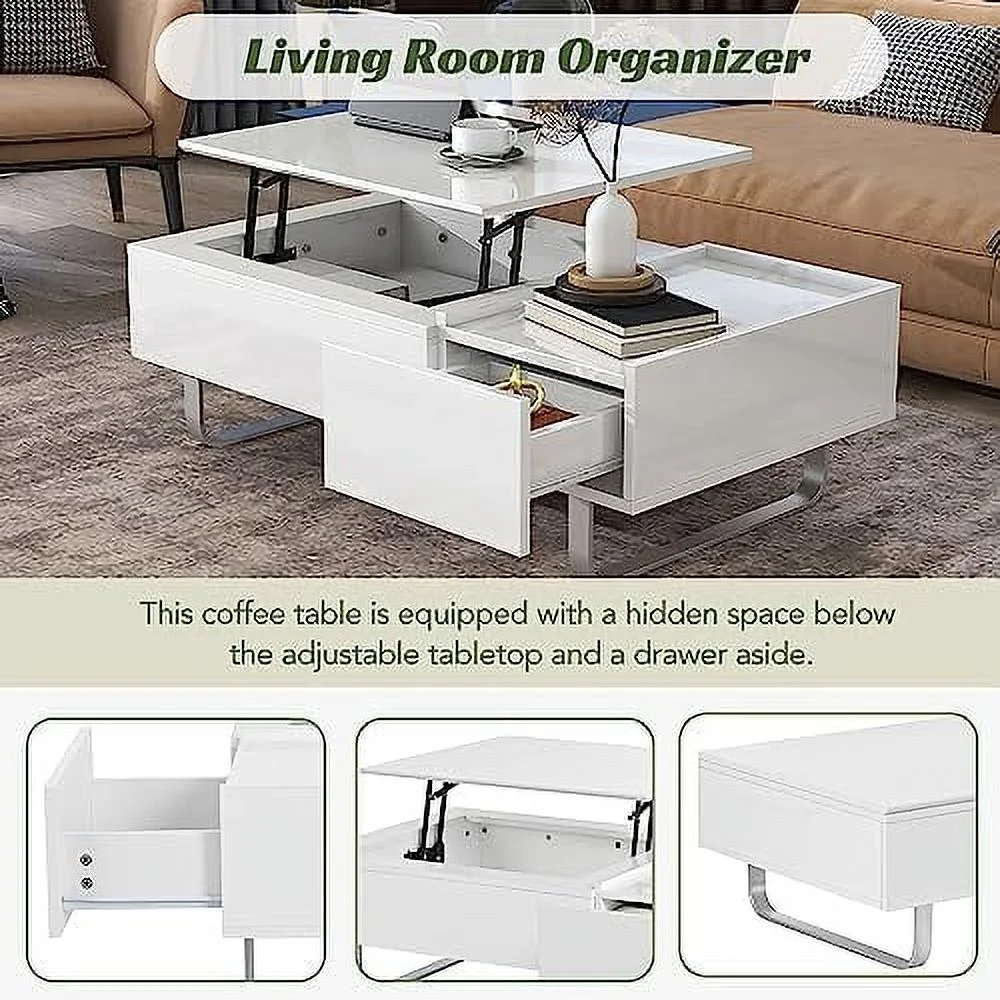 xrboomlife Coffee Table  Modern 45.3 Inch Lift Top Coffee Table with  and Hidden Compartment  Rectangle Cocktail Table with Drawer  UV High-Gloss Surface Center Table for Living Room  Whi