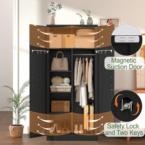 Steel Armoire Wardrobe Closet, 71" Metal Clothing Storage Cabinets with 2 Doors, 1 Adjustable Shelf and 2 Drawers, Metal Wardrobe Cabinet with Hanging Rod for Bedroom, Gym, Cloak Room (Black)