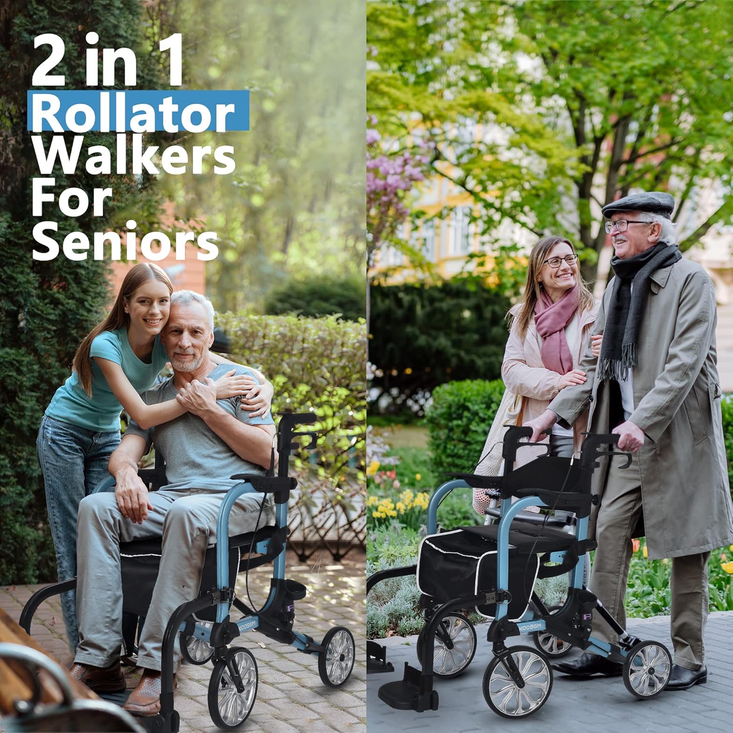 2 in 1 Rollator Transport Walker Chair with 10 inch Wheels - Medical 4 Wheel Chair Combo with Seatwith Footrest