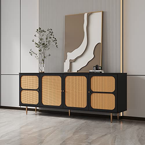 Sideboard Buffet Cabinet with Natural Rattan Doors＆Adjustable Shelf, Rattan TV Stand, Rattan Entertainment Center Console Table Accent Cabinet for TV's up to 55” for Living Room (57”, Wood)