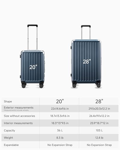 LUGGEX Aluminum Frame Luggage with Spinner Wheels, Zipperless Polycarbonate Hard Shell Carry On Luggage, 20 Inch Suitcases, Charcoal Metallic
