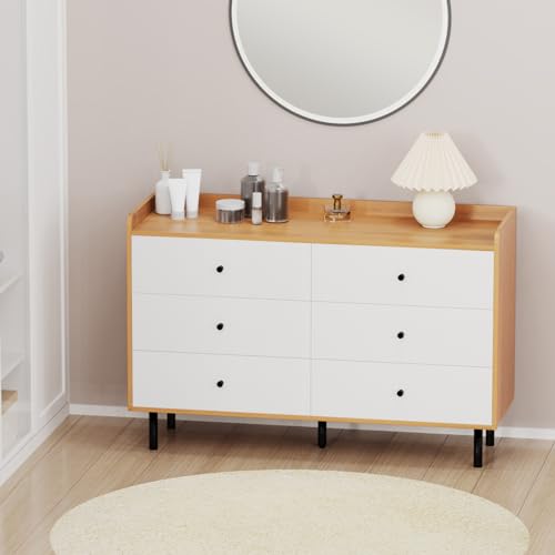 White Nursery Dresser for Bedroom with 6 Drawers, Modern Wood 6 Drawer Dresser with Black Knobs, Chest of Drawers for Nursery, Living Room, Closet, Entryway, Hallway (White+Wood)