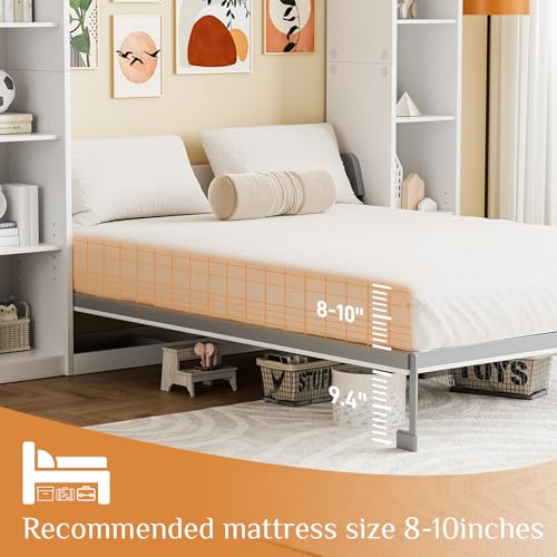 Queen Murphy Bed with Storage Bookcase & 4 Adjustable Shelves, Foldable Space-Saving Queen Wood Wall Bedframe with Metal Legs, Hidden Bedframe for Guest Room, Study, Home Office, Bedroom, Gray