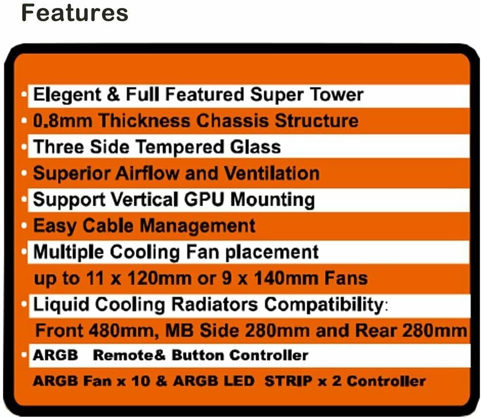 A17 Series Phoenix Full-Tower E-ATX/ATX/M-ATX Computer Gaming Case with 3-Sided Reinforced Glass, USB 3.0, 6 ARG Light-Emitting 12cm Fans with 1 ARGB Fan Controller