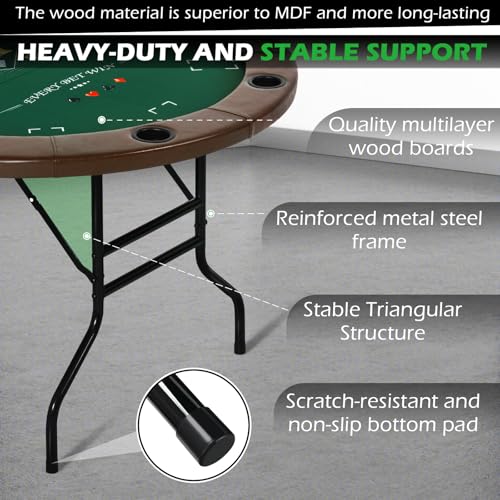 RayChee 8 Player Foldable Poker Table, Texas Holdem Table, Folding Leisure Game Table, Portable Casino Table for Game Room with Padded Rails and Cup Holders (Black, 71 inch)