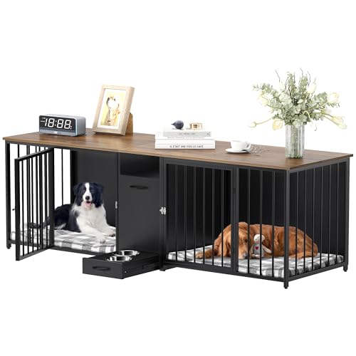 DWVO Double Dog Kennel Furniture, 80.2" Dog Cage Furniture with Divider, Double Dog Crate TV Stand for 2 Medium Dogs, Black