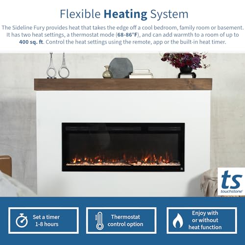 Touchstone Smart Electric Fireplace-The Sideline Fury 46 Inch Wide- 4.5 Inch Thin In Wall Recessed-100 Realistic Flame/Ember Bed Color Combos-Heater w/Thermostat-Larger Viewing Area-Alexa/WiFi Enabled
