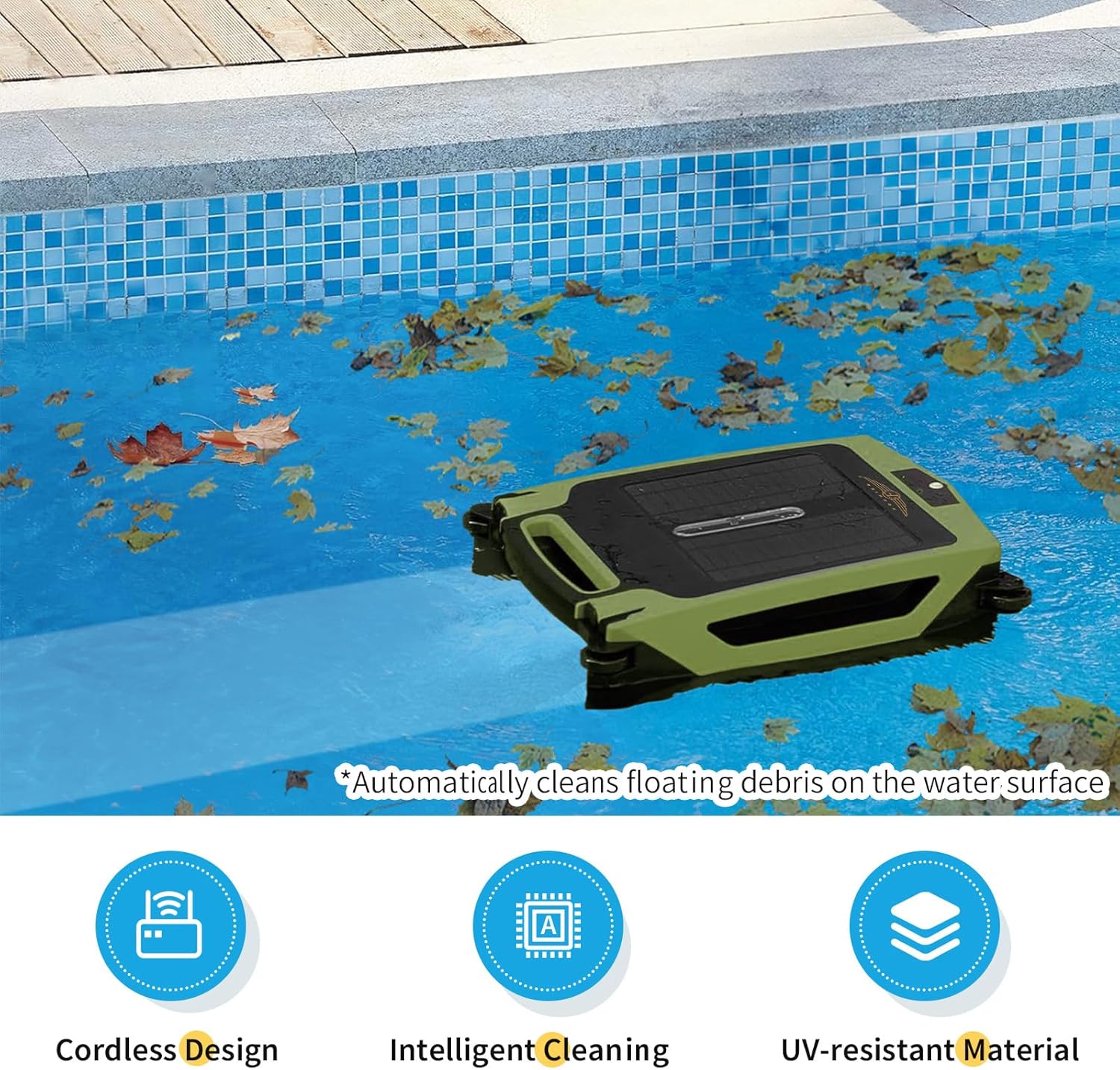 (2024 New) Cordless Robotic Pool Cleaner, Solar Powered Pool Skimmer for Pool Surface with Dual Charging Options, Pool Robot Vacuum with Automatic Obstacle Avoidance, Green