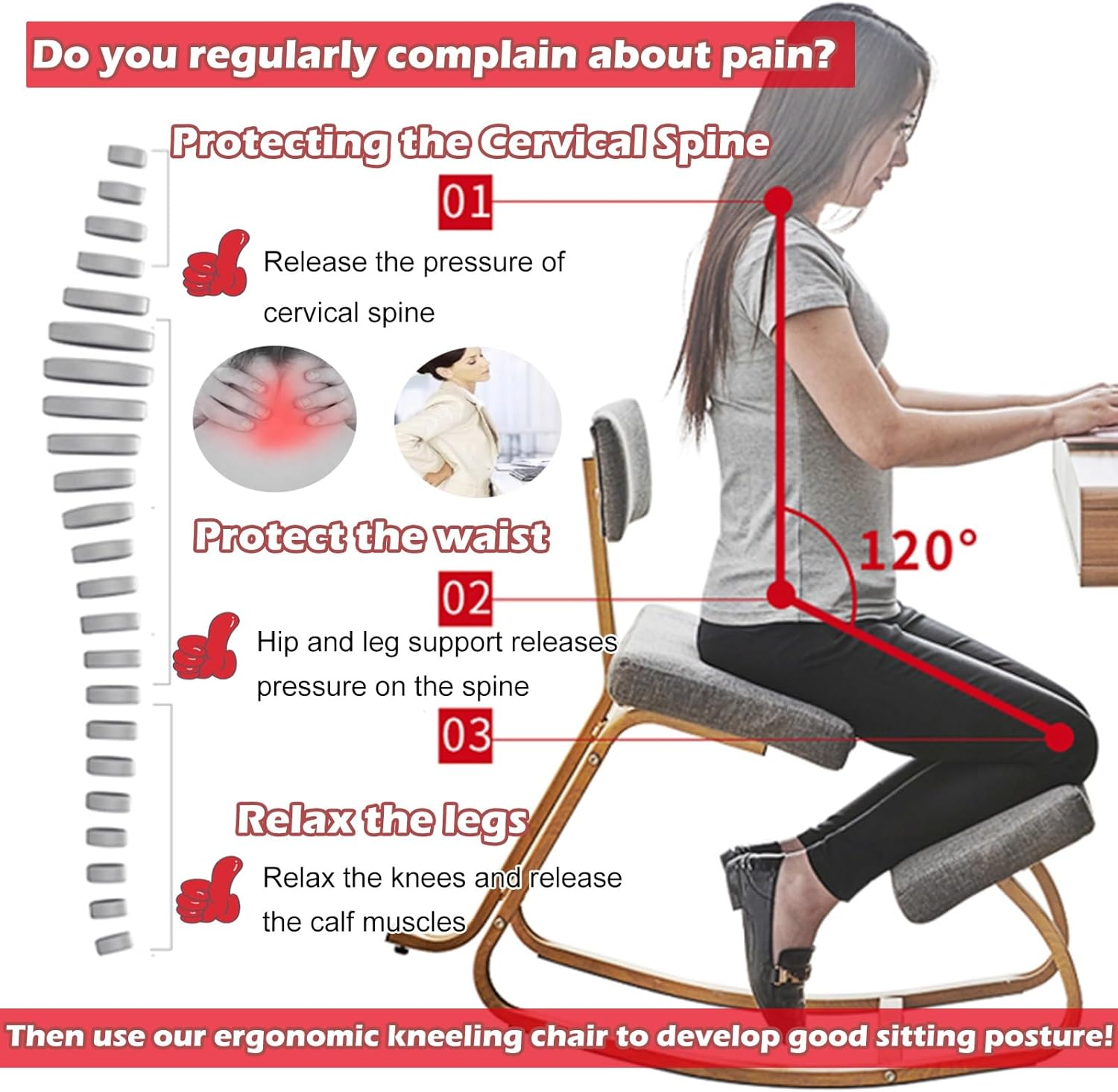Ergonomic Kneeling Chair with Back Support, Kneeling Posture Rocking Chair Desk Stool Upright Gray for Both Teenagers Adults Computer Workers, Height Adjustable Office Seat