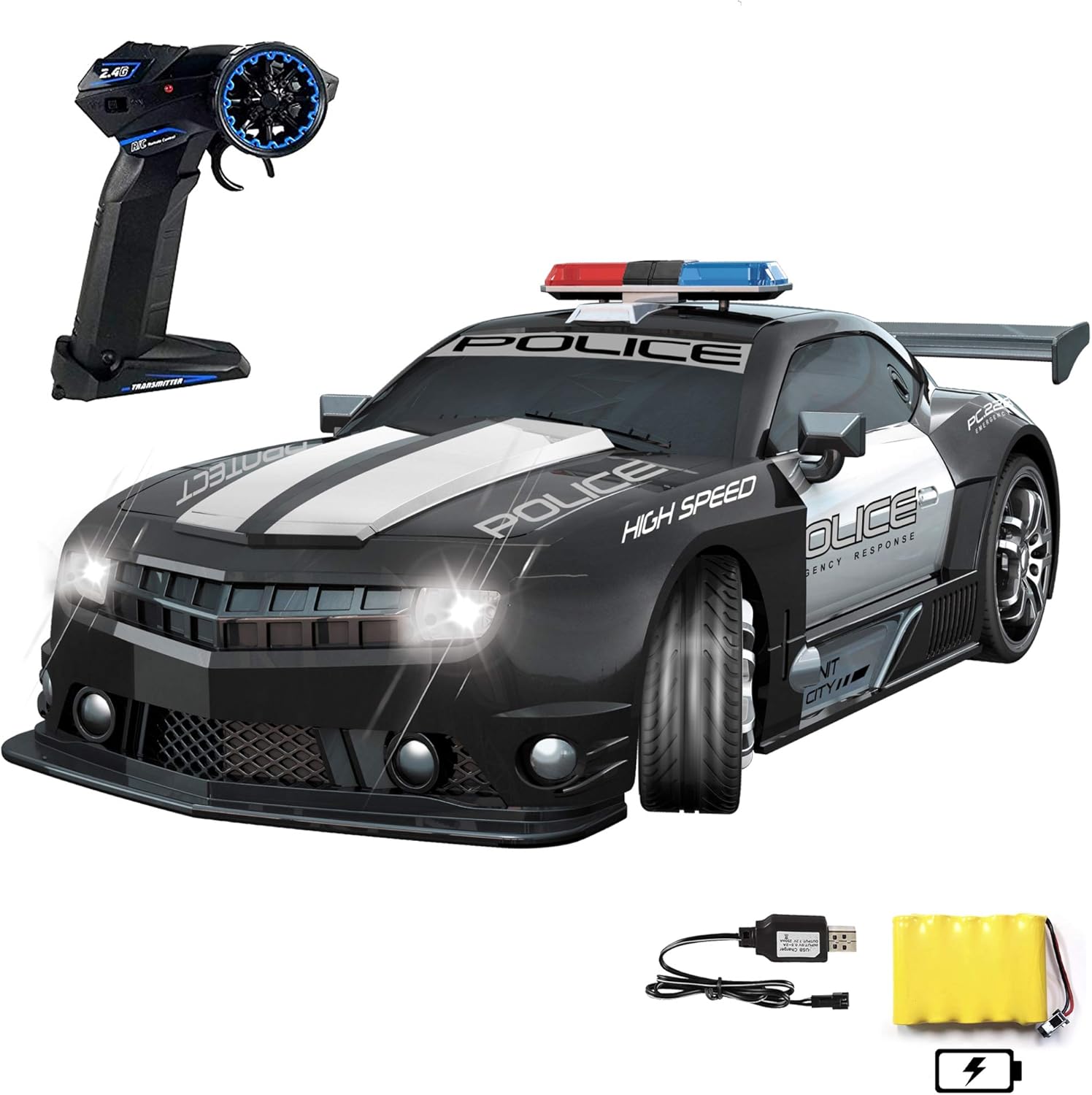 Haktoys Remote Control Police Car RC High Speed Cop Chase 1:12 Scale Radio Control Patrol Sports Vehicle with Headlights Pack of 2
