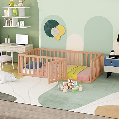 Twin Size Floor Bed Frame Compatible with Toddler Montessori Floor Beds with Fence Railings Compatible with, Twin Size Playhouse Bed Compatible with Boys Girls, Natural,bed frame