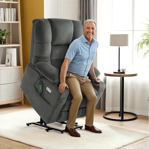 MCombo Large Triple Motor Power Lift Recliner Chair with Massage and Dual Heating, Adjustable Headrest for Tall Elderly People, Fabric 7634 (Grey, Large)