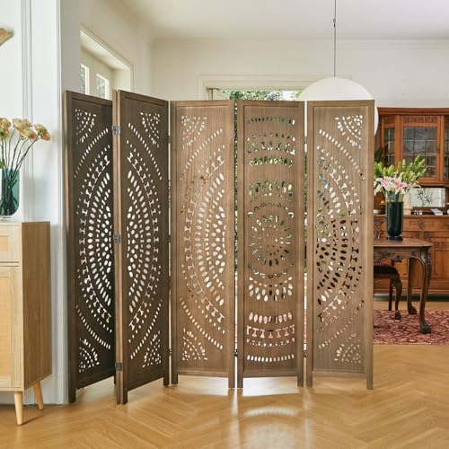 Room Divider Wood Carved Wall Divider Indoor Folding Bohemian Style Portable Partition Screen for Home Office Garden Terrace - 6 Panels (Antique, White-Washed)