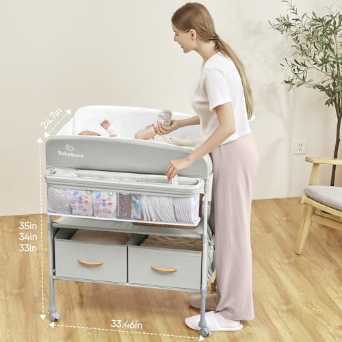 Portable Baby Changing Table with 2 Storage Baskets, BabyBond Foldable Changing Table Dresser Waterproof Diaper Changing Table Height Adjustable Changing Station for Infant and Newborn(Grey)