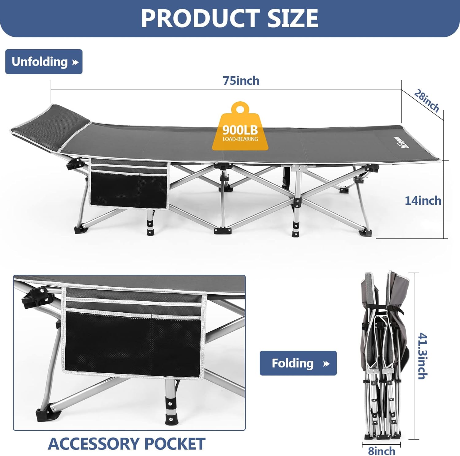 Nictemaw Folding Camping Cot, Portable Camping Cot for Adults, 900LBS Heavy Duty Sleeping Cots with Carry Bag, Double Layer Oxford Portable Travel Camp Cots for Outdoor Home-Upgraded Velvet Pad-Grey