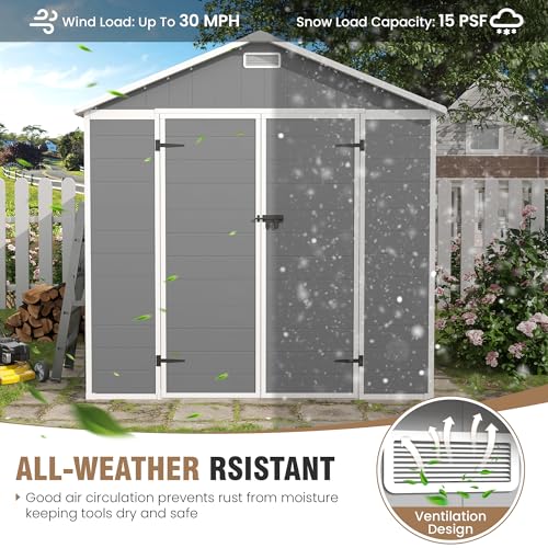 Outdoor Storage Shed, 6x6 FT Resin Shed with Floor and Lockable Door, Window, Vents, Tool Sheds and Outdoor Storage for Bike, Garden Accessories, Tools, Waterproof (Grey & White)