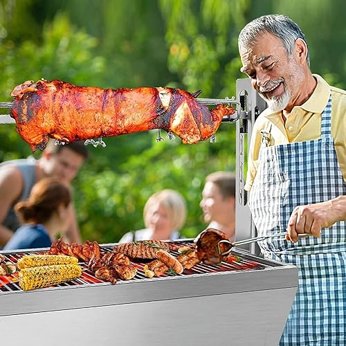 Stainless Steel Rotisserie Grill With Back Cover Guard, 25W Motor Small Pig Lamb Rotisserie Roaster, 37 Inch BBQ Charcoal Rotisserie Grill For Camping Outdoor Kitchen (with Baffle)