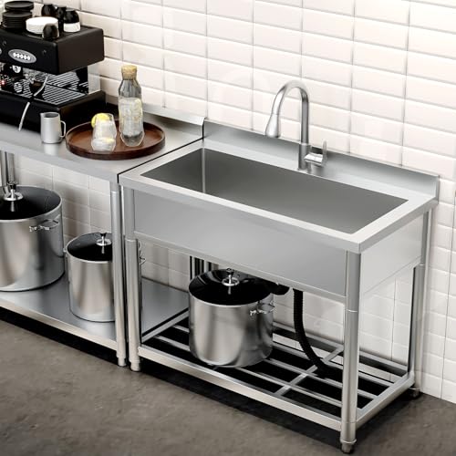 Stainless Steel Large Utility Sink Single Bowl, Freestanding Laundry Sink with Pull-Out Faucet, Utility Sink for Laundry Room, Garage, Kitchen, Outdoor/Indoor Use, W35.4" x D22.4" x H37"