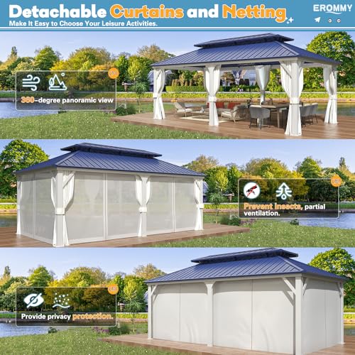 EROMMY 14'x20' Hardtop Gazebo Double Roof Galvanized Steel Canopy Outdoor Aluminum Frame Permanent Metal Pavilion with Netting and Curtains for Patio Backyard Deck and Lawns