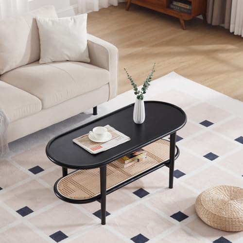 Rattan Wood Mid Century Modern Coffee Table, 39.5" Oval Center Table with Cane Wicker Storage Shelf for Living Room, Indoor, Home Décor (Walnut)