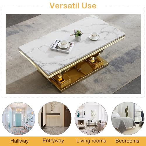 47" White Marble Coffee Table, Modern Rectangular Faux Marble Coffee Table with Silver Mirrored Stainless Steel Pedestal, Elegant Cocktail Center Table Sofa Table for Living Room