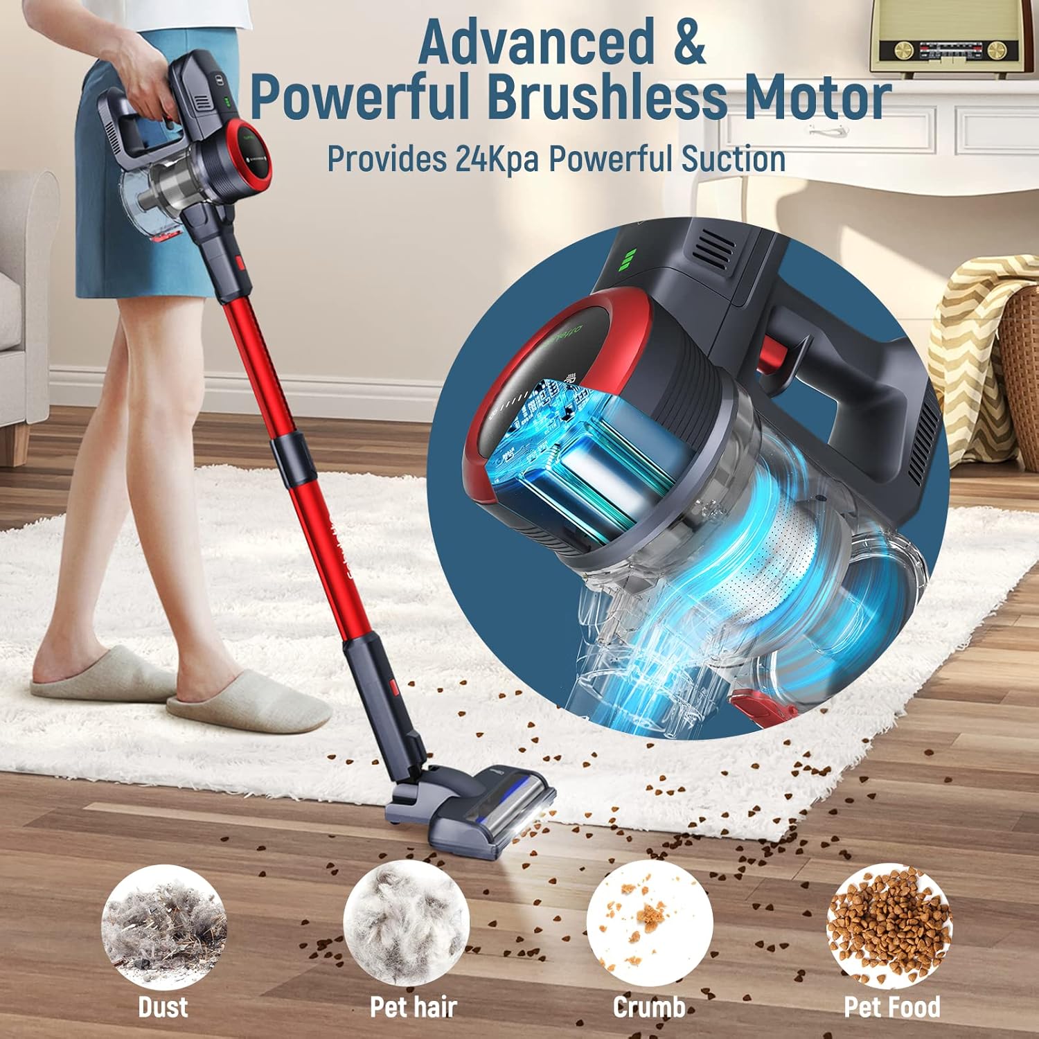 Fabuletta 10-in-1 Cordless Vacuum Cleaner - 24Kpa 250W Brushless Motor Stick Vacuum, Up to 45 Mins Max Runtime Detachable, Led Display, Lightweight Vacuum for Carpet Hard Floor Pet Hair