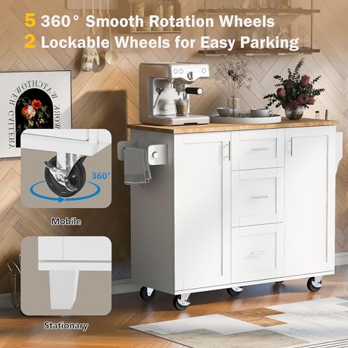 Rolling Kitchen Island With Seating,Rolling Island For Kitchen Island With Storage And Drop Leaf,Kitchen Trolley With Rubber Wood Top, 3 Drawers, 2 Slide-Out Shelves And Storage Shelves. (Grey blue)