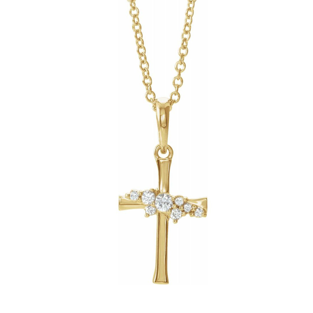 14K Yellow Gold .06CTW Diamond Cluster Tiny Cross Necklace, 16-18 Inch