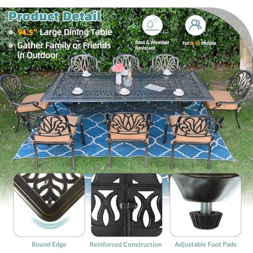 MEETWARM Outdoor 60" Rectangular Patio Dining Table, All Weather Cast Aluminum Large Patio Furniture Table Fits for 6-8 Person with 2" Umbrella Hole, Dark Bronze