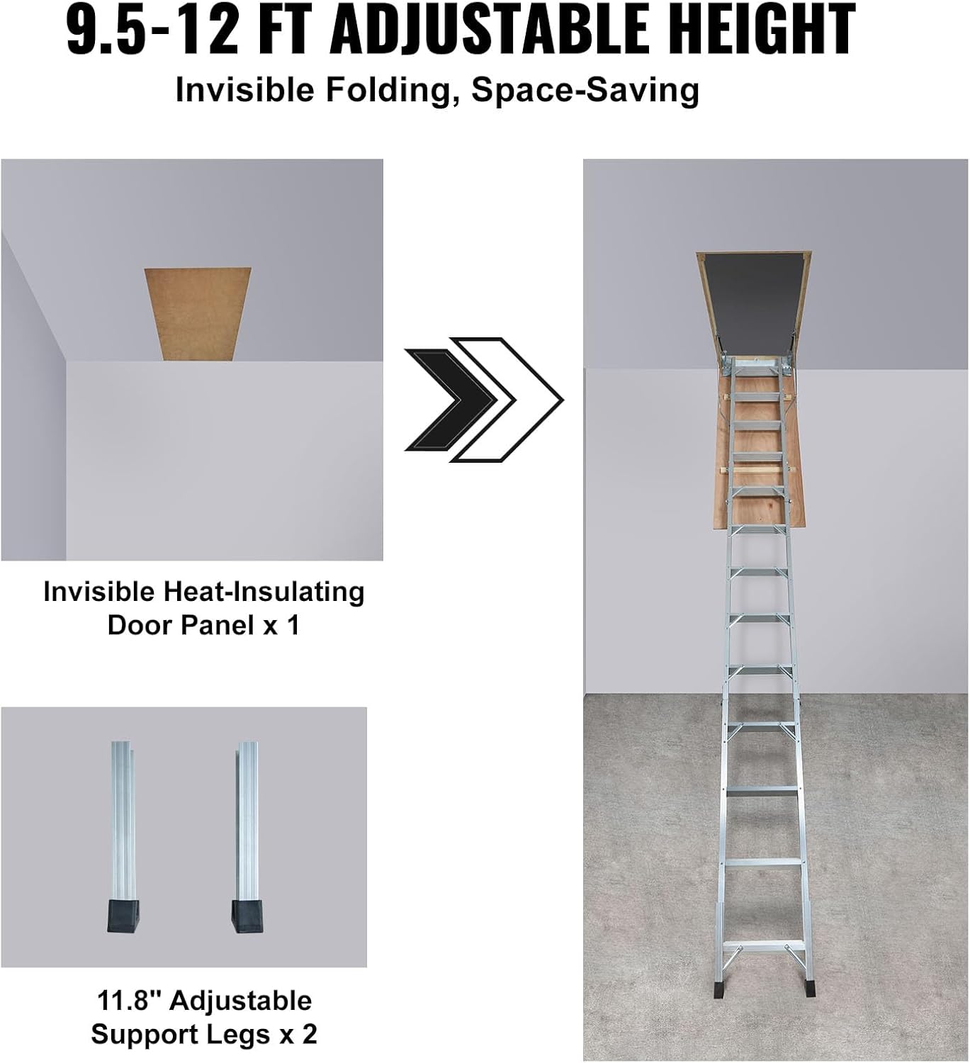 VEVOR Attic Ladder Foldable, 350-pound Capacity, 22.5" x 63", Multi-Purpose Aluminium Extension, Lightweight and Portable, Fits 9.5'-12' Ceiling Heights, Convenient Access to Your Attic Standard