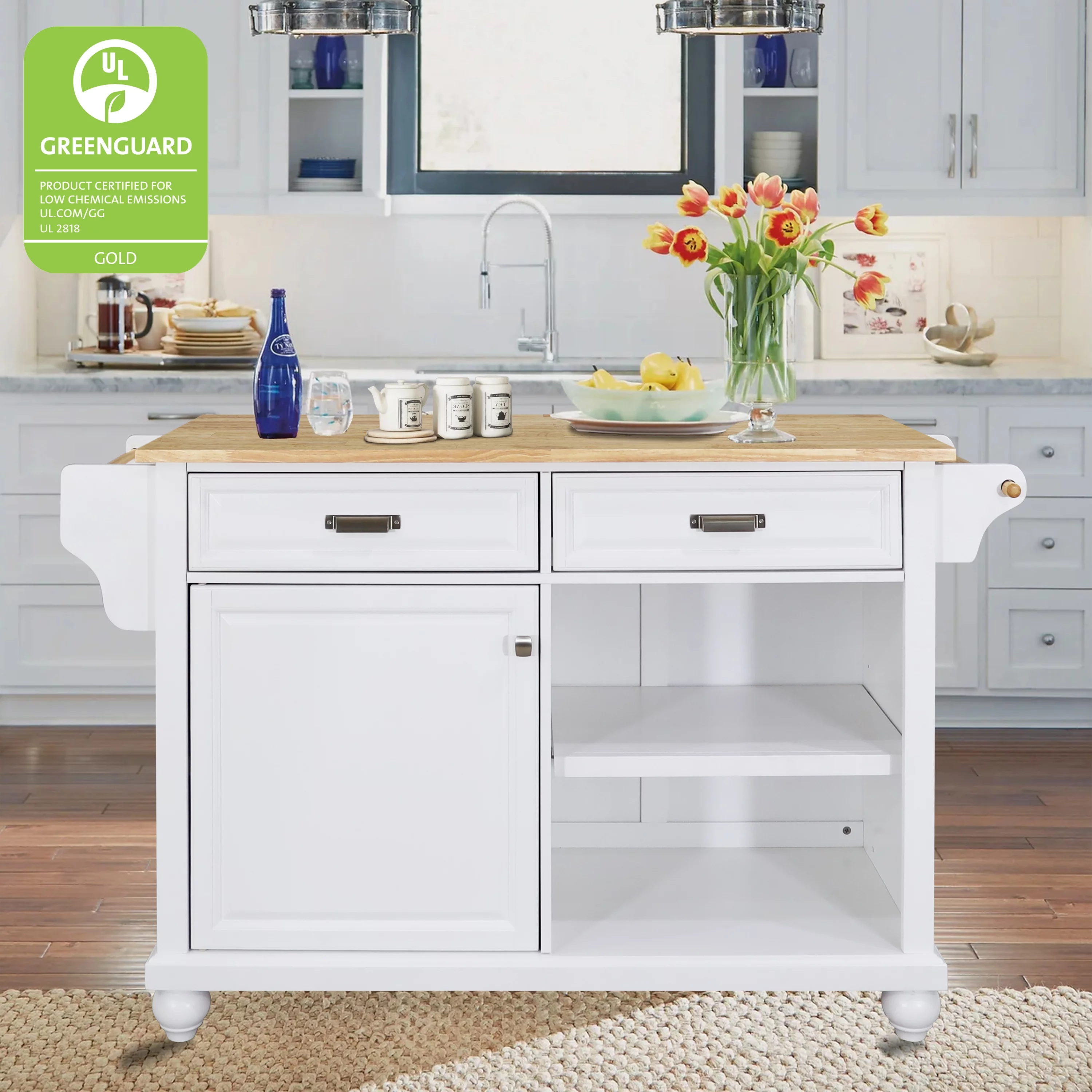 Multi-Functional Storage Island Cart with Rubberwood Countertop and Drop-Leaf, Greenguard Gold Certified, Kitchen Island on Wheels with Large Storage Cabinet,2 Drawers,Spice Rack,Towel Holder, White
