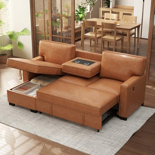 Convertible Sleeper Sofa 3 in 1, Chenille Modern L-Shaped Couches for Living Room, Pull Out Sectional Futon Sofa Bed with Storage Space, USB Ports and Cup Holders for Bedroom, Grey