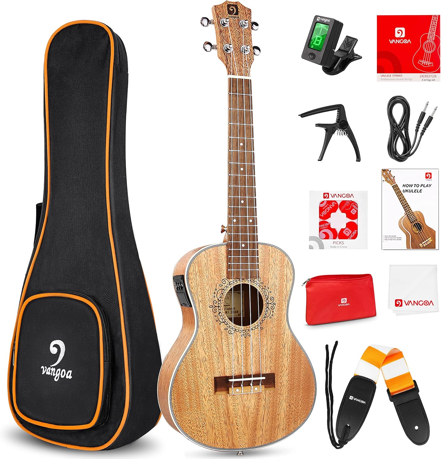 Vangoa Ukulele Concert Mahogany 23 inch and Electric Acoustic Tenor Ukulele Bundle for Beginners Adults Professional Four String Wooden Hawaiian Starter Uke Kit