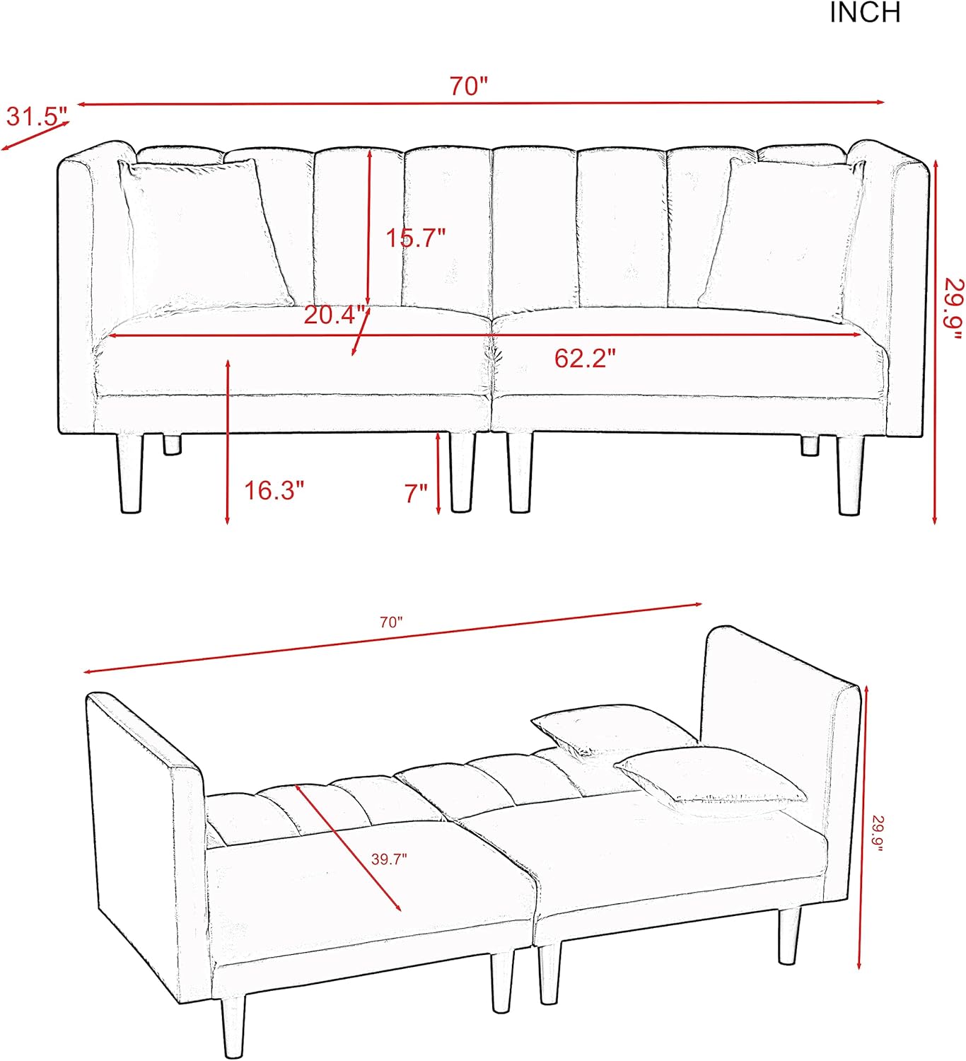 73.2" Tufted Split Back Futon Bed, Velvet Upholstered Convertible Loveseat Sleeper Armrest, Folding Reclining Small Love Seat Sofa & Couches for Living Room, Navy Blue