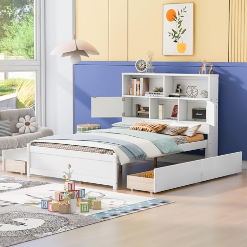 Bellemave Captain beds with Storage, Full Size Storage Bed with 4 Drawers and Storage headboard, Full Size Bed with Bookcase and USB, Full Bed for Kids, Boys, Girls, Teens Adults, White