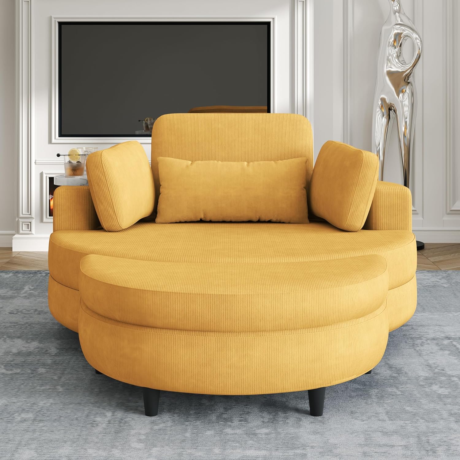 Oversized Accent Barrel Chair Soft Corduroy Upholstery Round Leisure Armchair w/Adjustable Headrest,4 Pillows,Storage Ottoman & Removable Tray for Home Apartment Living Room Hotel Lobby