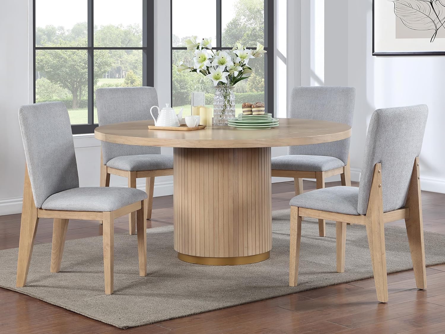 59'' Round Wood Dining Table Farmhouse Wood Table for 4-6, Modern Contemporary Style Wooden Dining Table Kitchen Table Dinner Table for Living Room Apartment Office, Oak