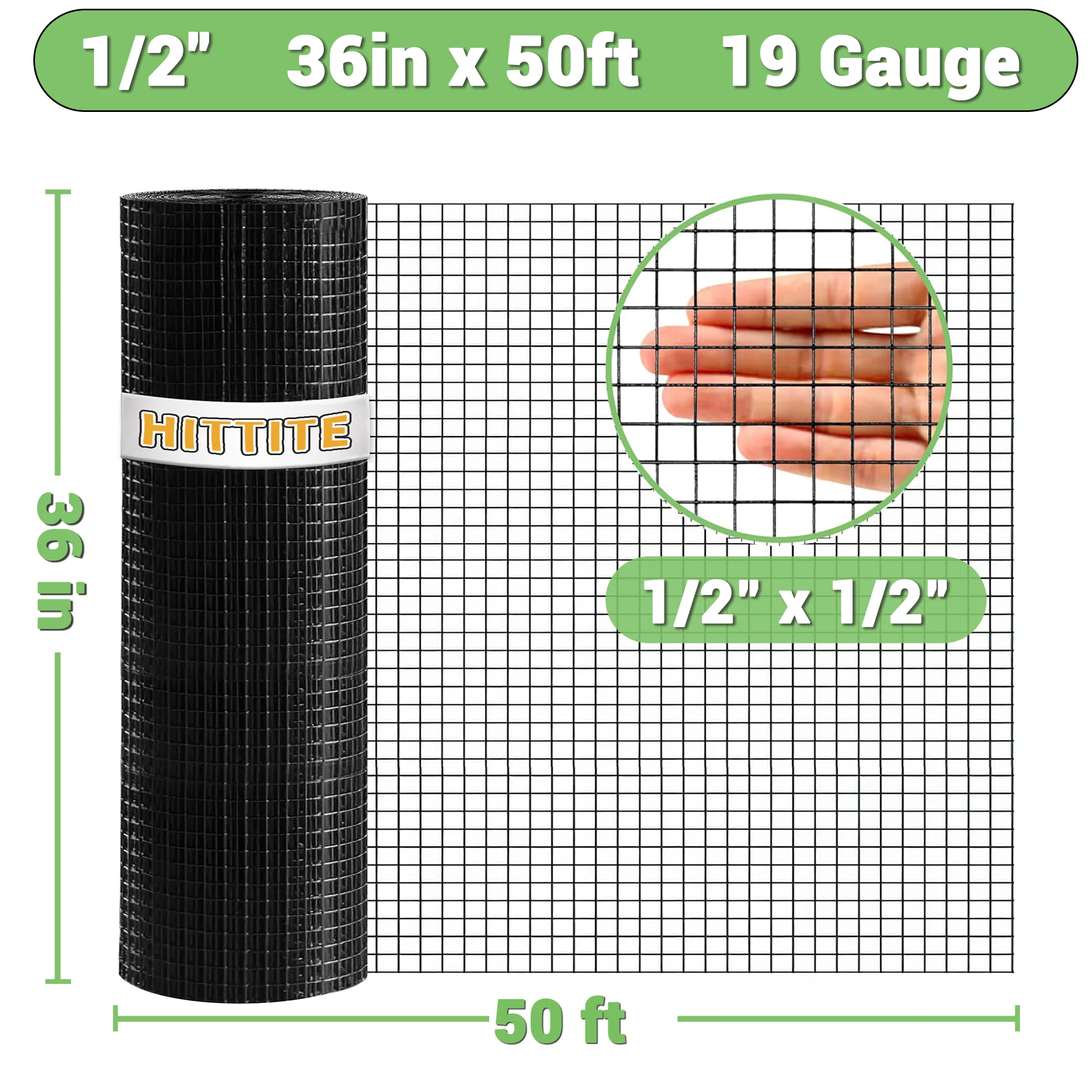 HITTITE Hardware Cloth 1/2 inch 36 x 50 ft, 19 Gauge Black PVC Coated Fence Wire Mesh Roll, Galvanized Welding Vinyl Coated Hardware Cloth for Chicken Coop and Home Improvement Projects.